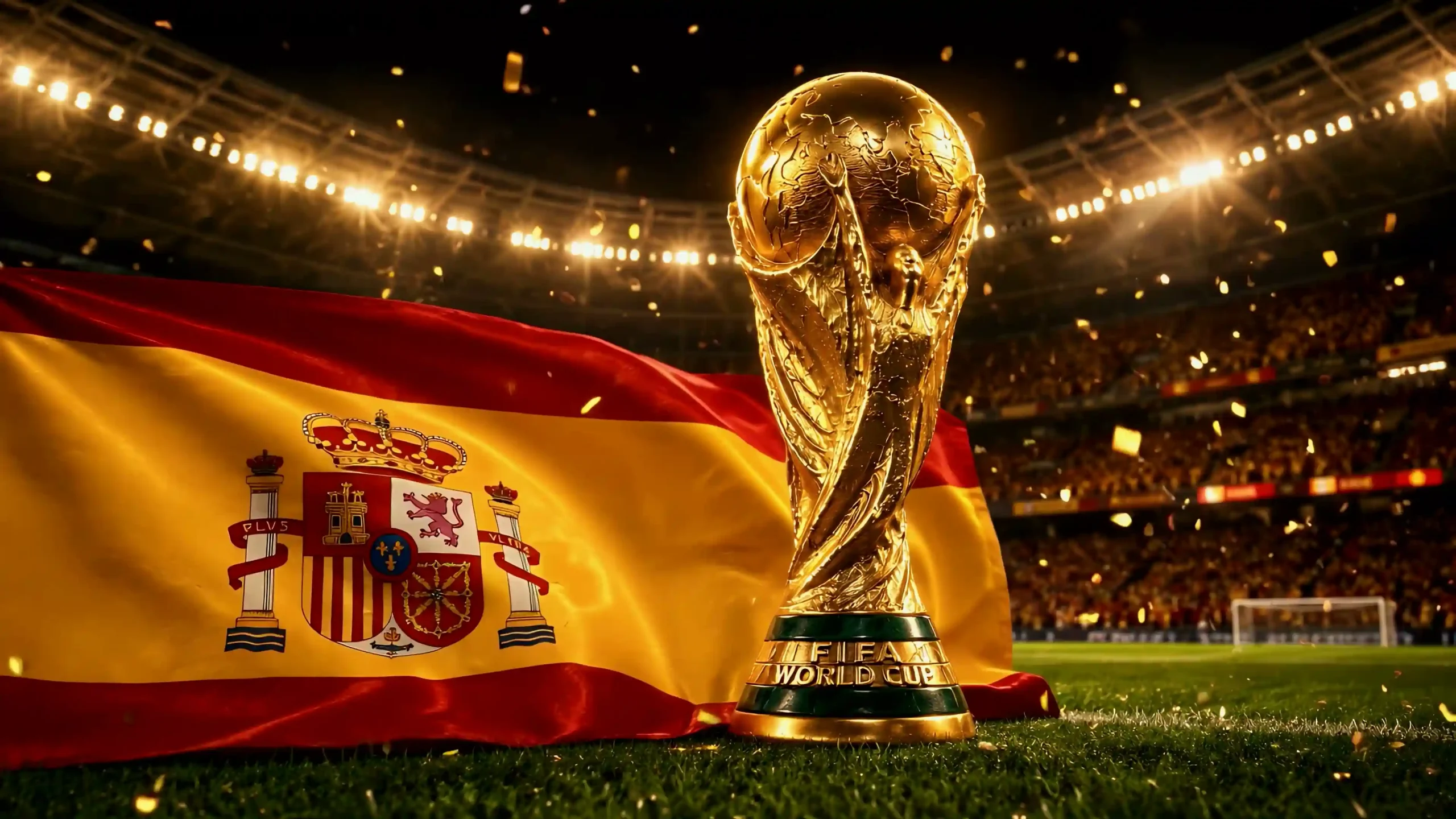2026 美加墨世界杯 大力神杯 西班牙国旗 足球场夜景 体育场灯光 金色礼花 绿茵赛场 足球夺冠 电脑动态壁纸