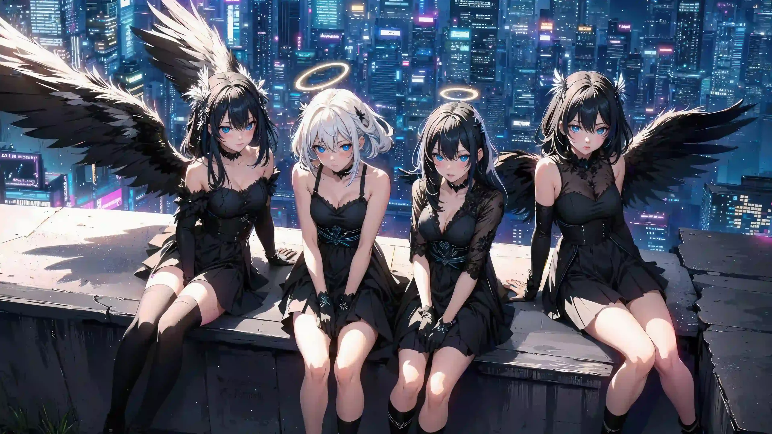 四位暗黑天使少女 黑色羽翼 光环 黑系蕾丝连衣裙 霓虹都市夜景 天台落座 电脑静态壁纸