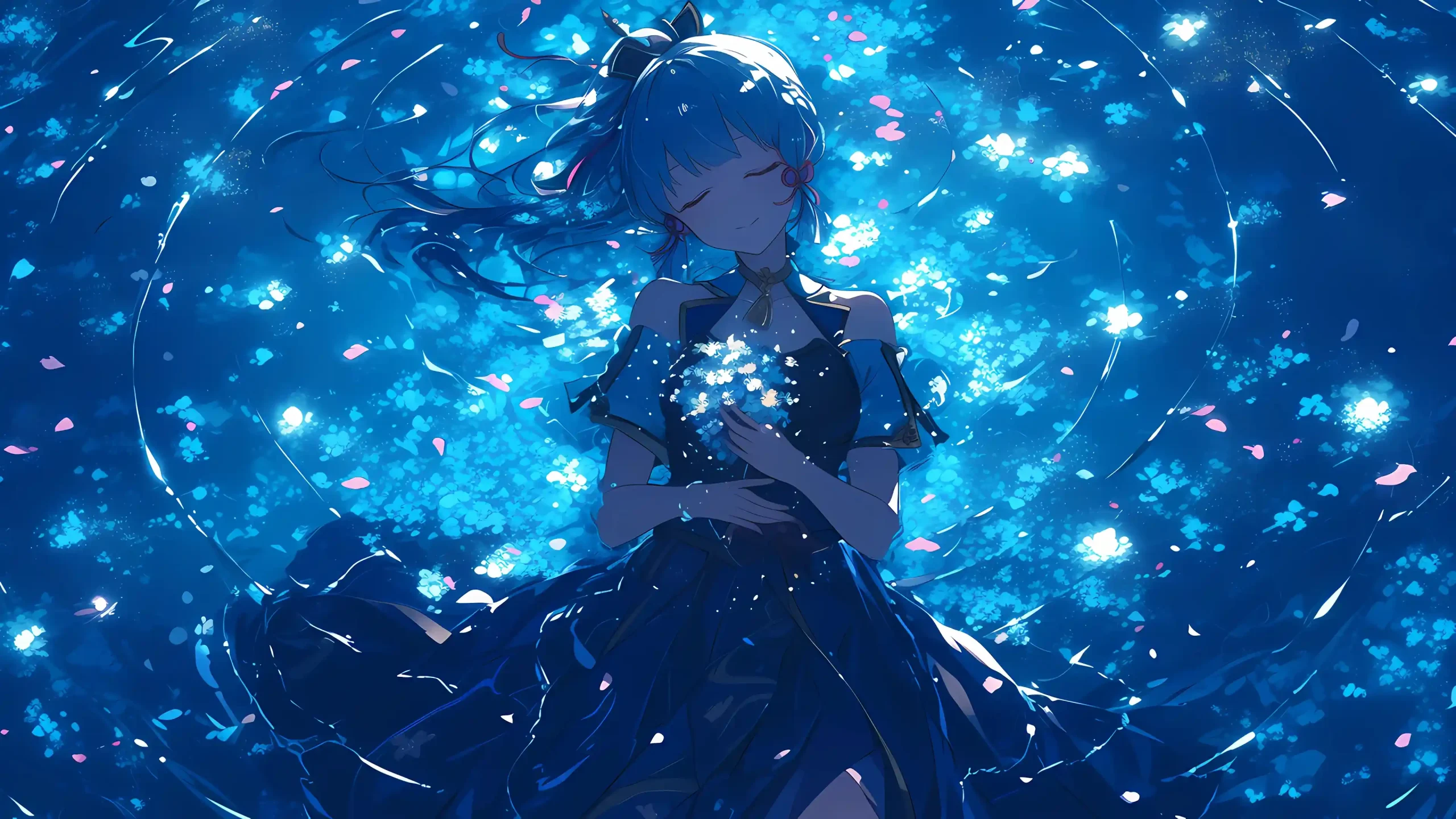 原神 神里绫华 蓝调夜景 闭眸少女 漫天花瓣 发光碎花 长裙 电脑静态壁纸