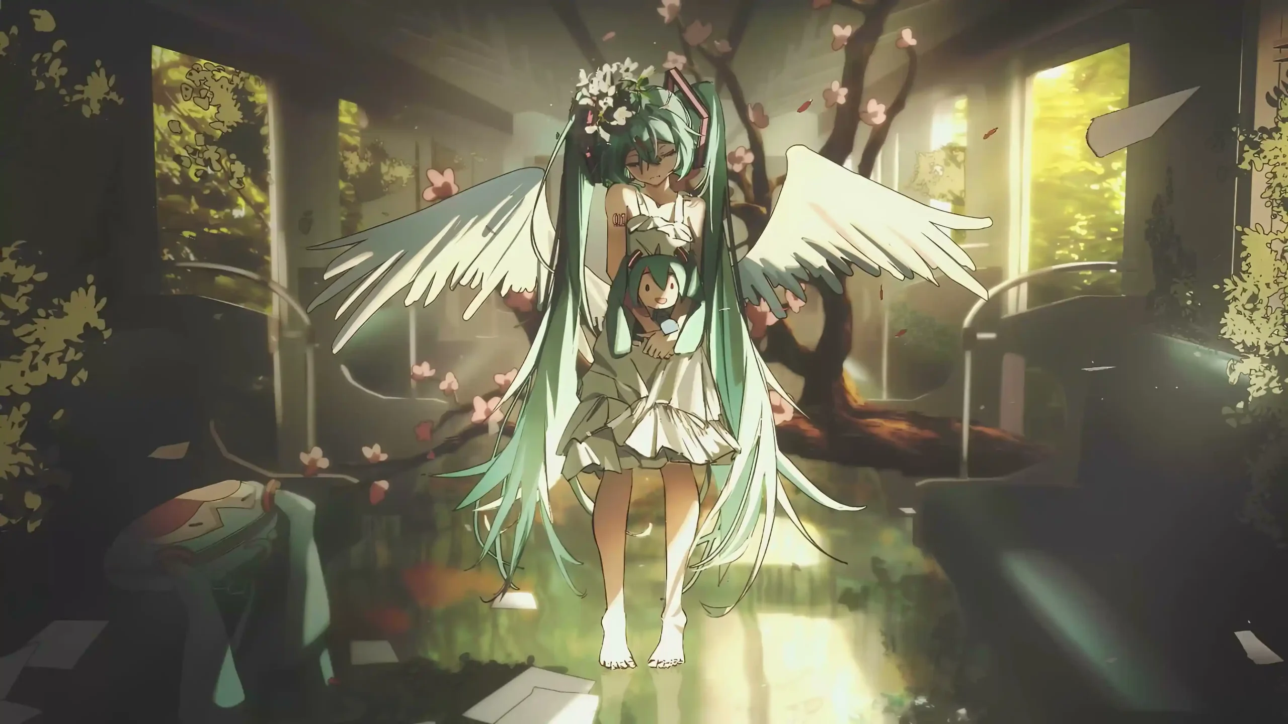 初音未来 白色羽翼 花环 白连衣裙 怀抱玩偶 废弃教室 樱花 逆光 电脑动态壁纸