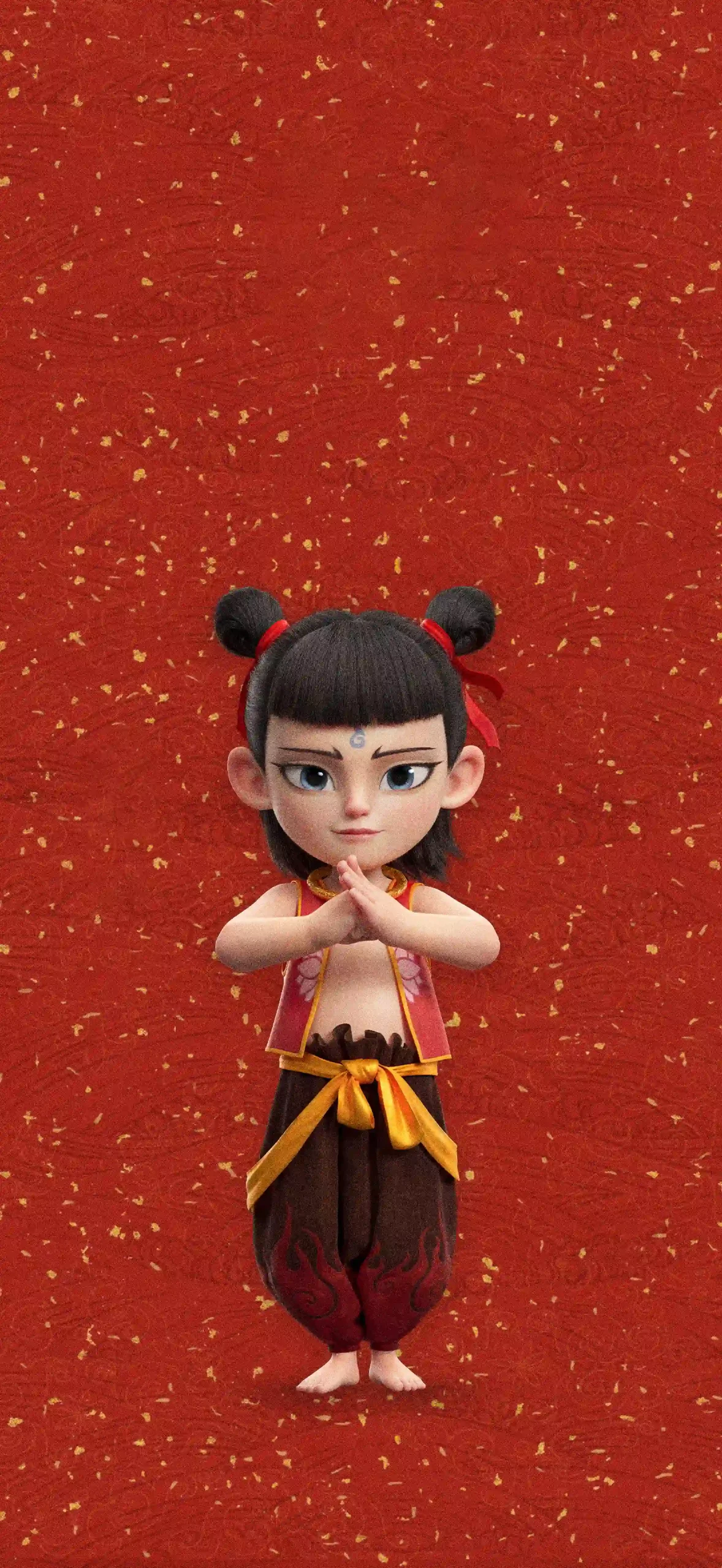 哪吒之魔童闹海 灵珠版 哪吒 双丸子发髻 红底洒金暗纹背景 三款动作 国风喜庆 手机静态壁纸