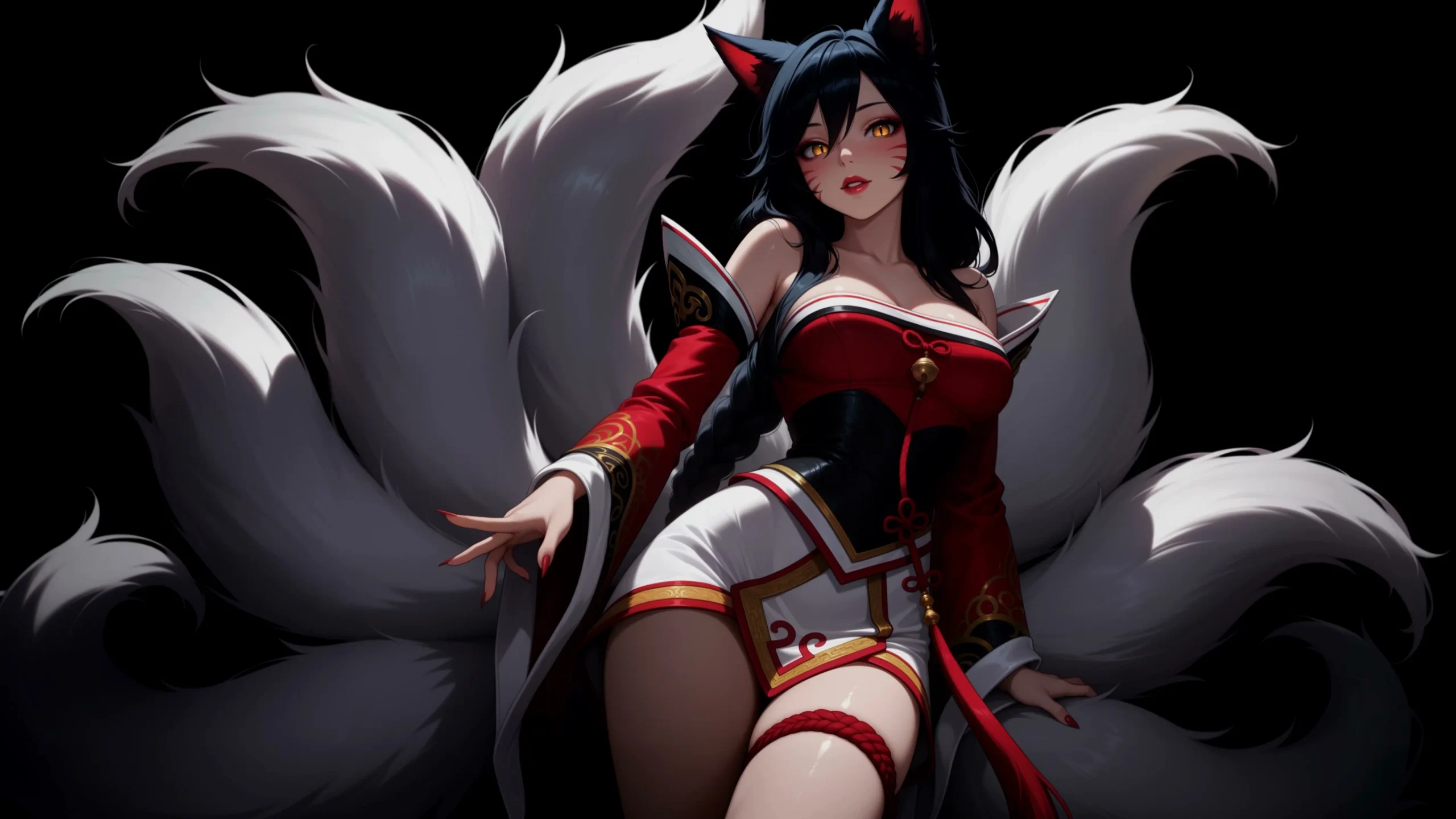 英雄联盟 阿狸 九尾狐 国风短款服饰 黑背景 黑长直狐耳少女 电脑壁纸