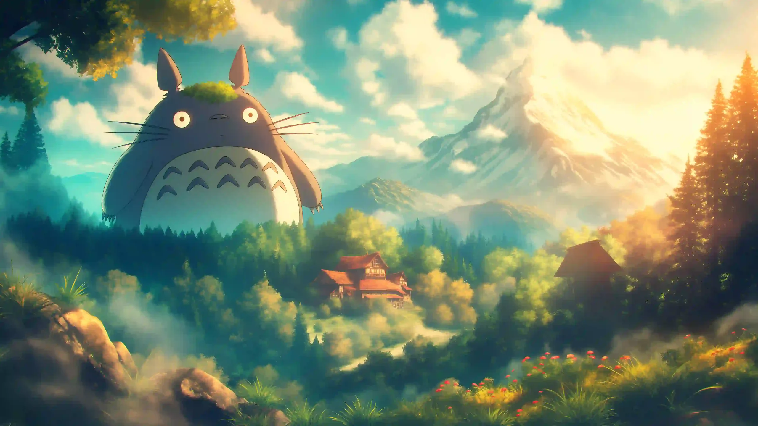 龙猫 Totoro 森林山谷木屋 远景雪山 晨间薄雾 暖调日光 吉卜力治愈画风 电脑静态壁纸-4K 高清免费壁纸｜电脑手机动态静态动漫游戏风景壁纸下载站
