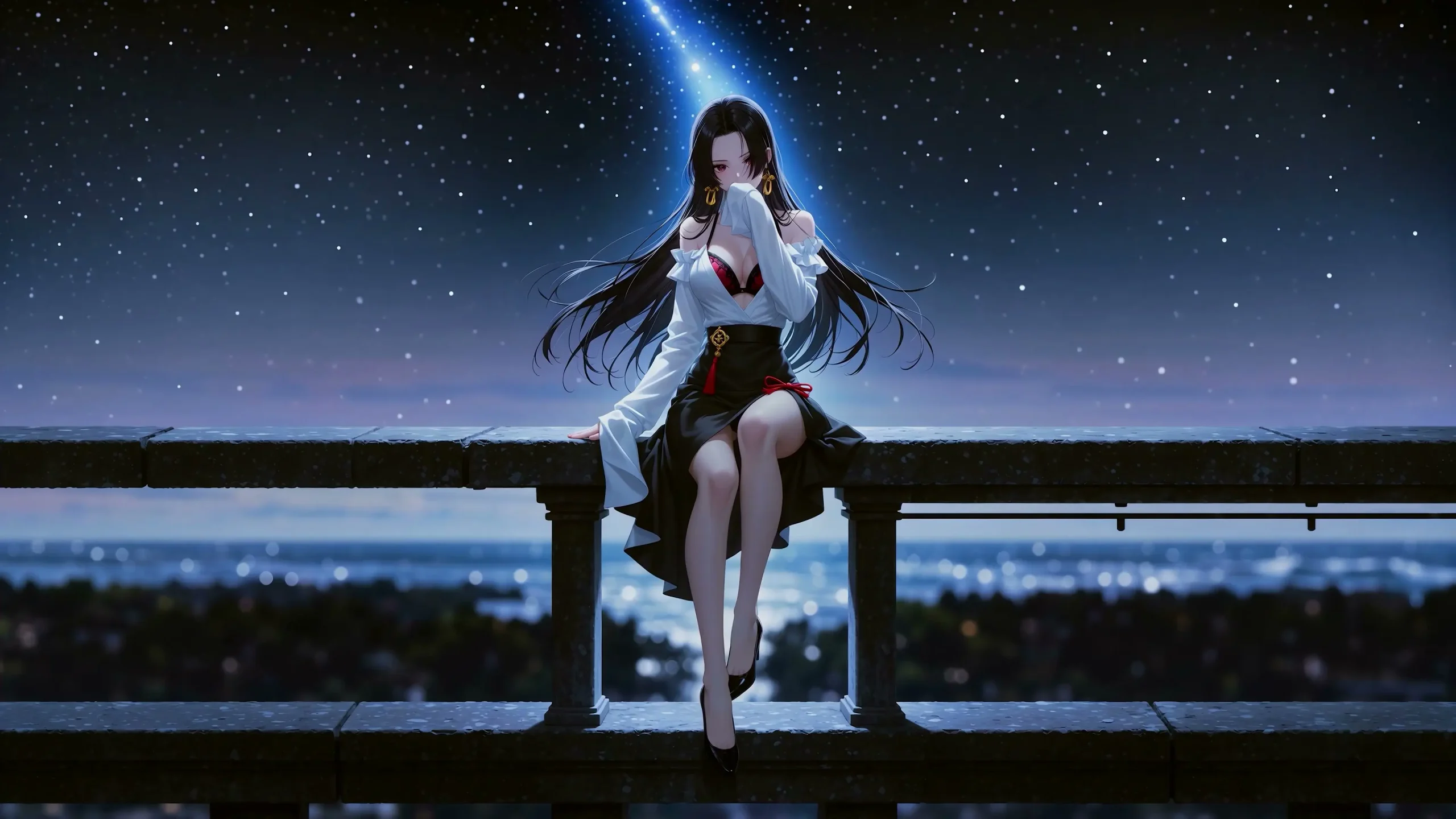 海贼王 波雅汉库克 女帝 黑长直美人 白上衣黑开叉长裙 星空露台 城市夜景 电脑动态壁纸