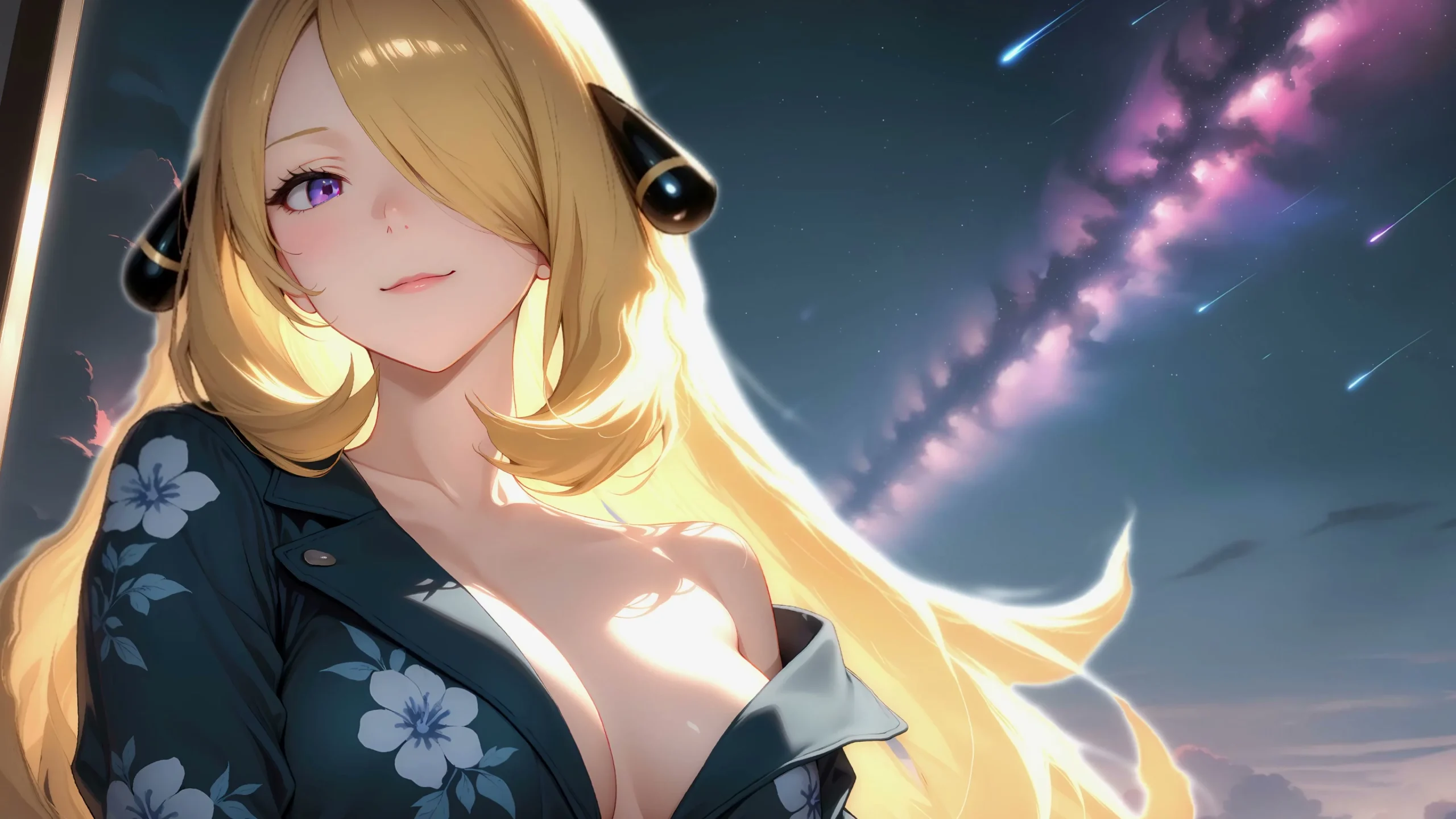 宝可梦 竹兰 Cynthia 星河夜空 金发少女 花卉和服 流星背景 电脑动态壁纸