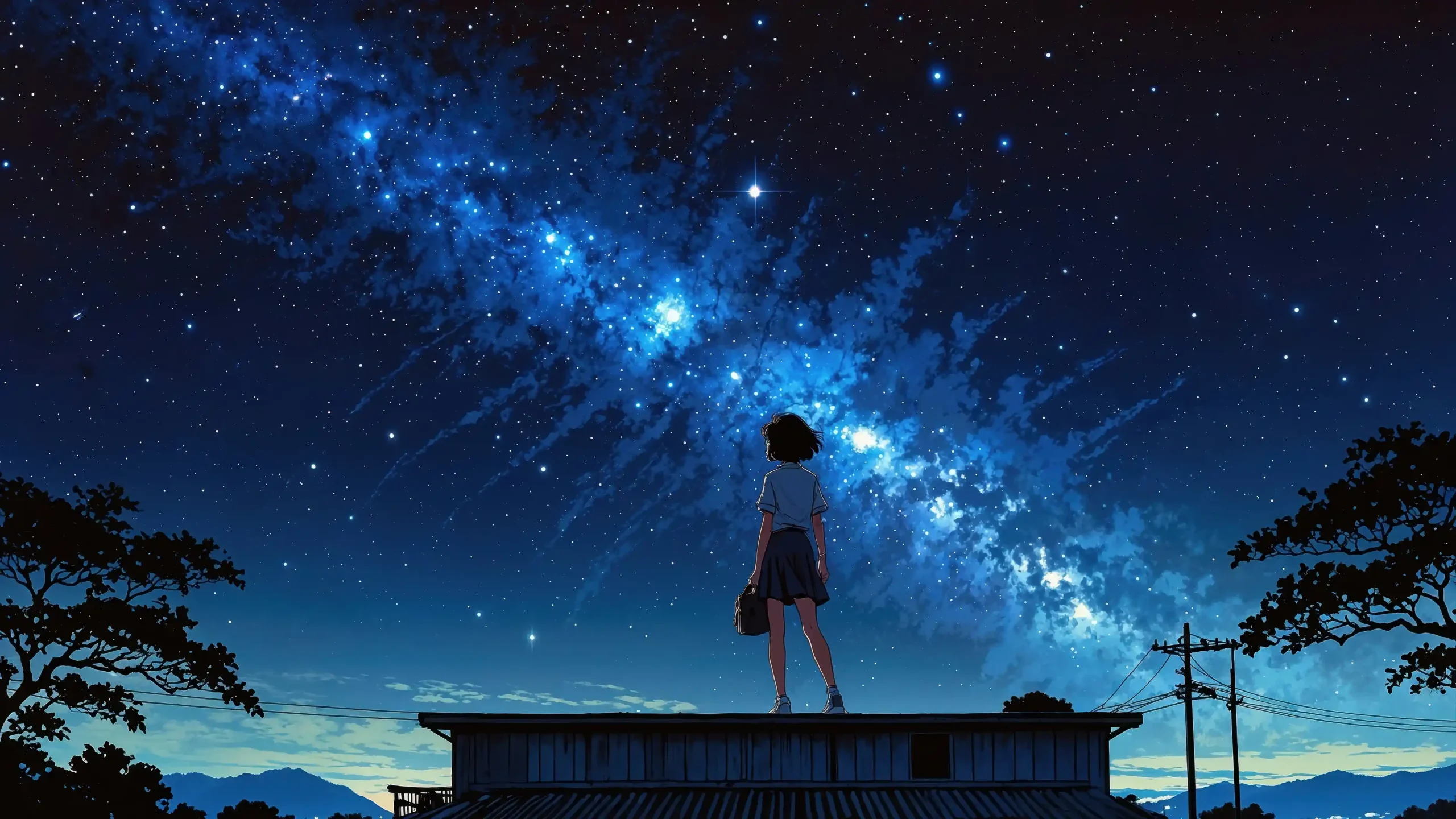 动漫风夜景 屋顶少女背影 璀璨银河星空 树木电线杆 远山暮色 治愈 电脑静态壁纸