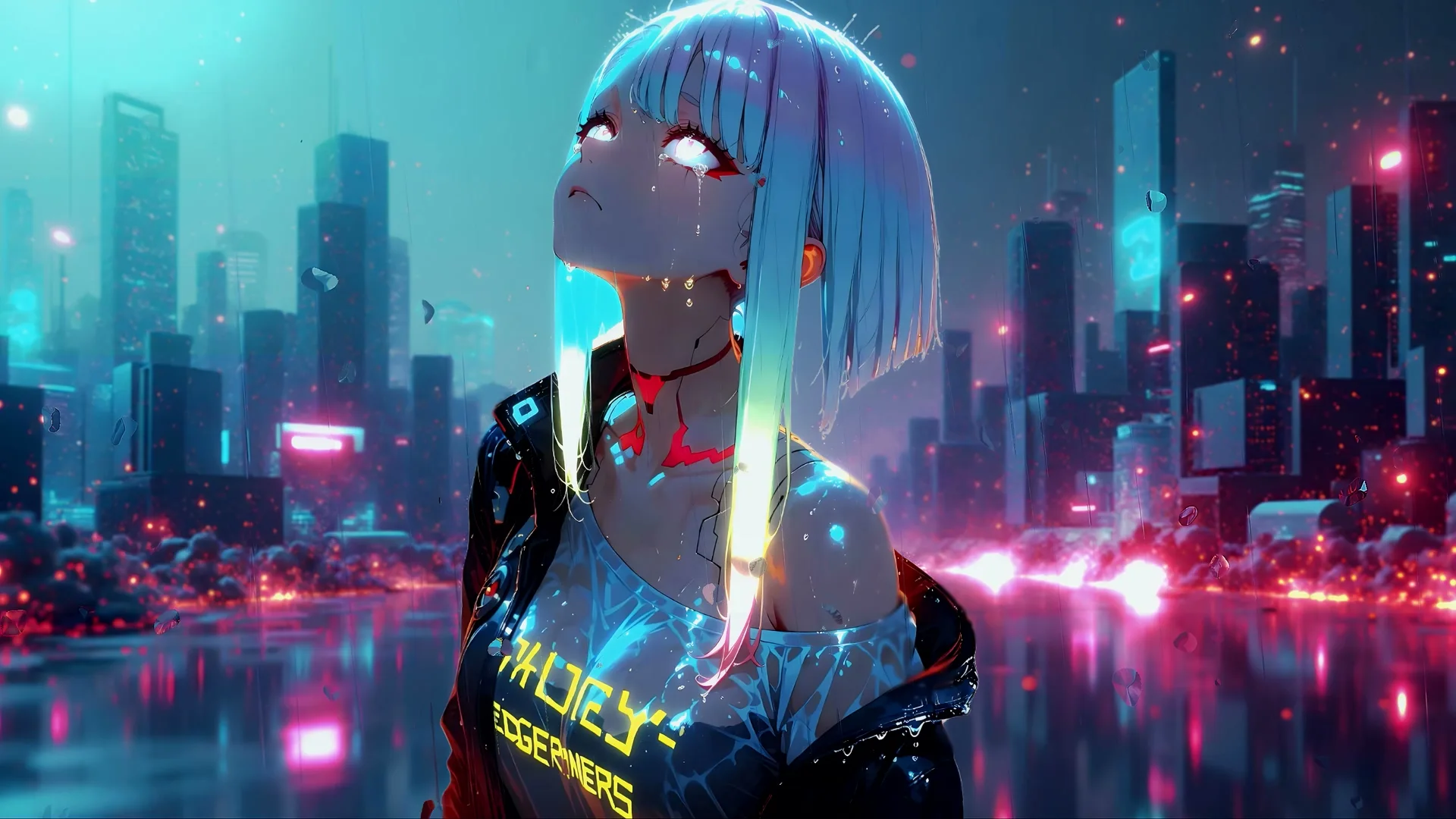 赛博朋克边缘行者 露西 Lucy 渐变蓝短发 落泪少女 雨夜霓虹都市 水面倒影 赛博朋克 电脑动态壁纸