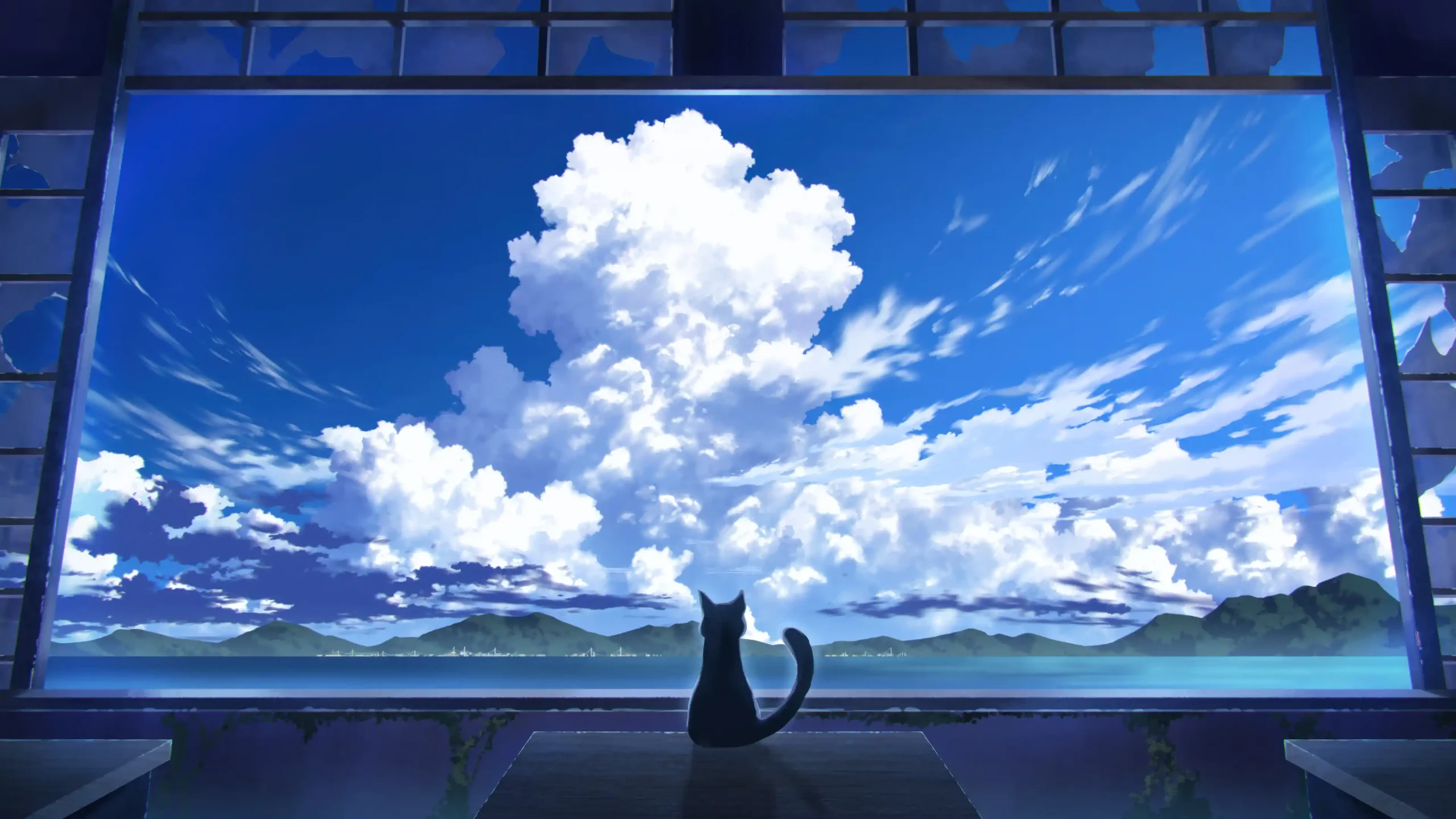 风景 黑猫背影 巨大窗框 夏日积云 碧海远山 澄澈蓝天 治愈日系 电脑静态壁纸