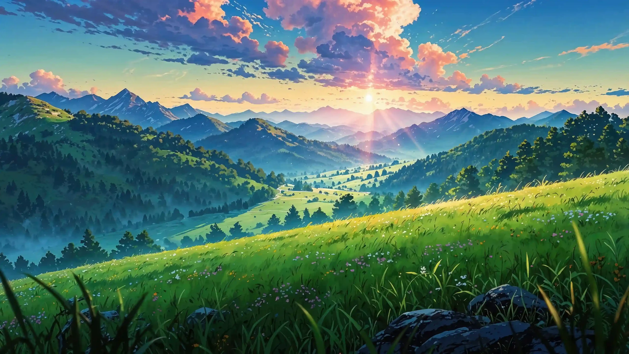 动漫风山野风景 漫坡野花草地 层叠山林远山 日出霞光 粉橘云层 治愈 电脑静态壁纸-4K 高清免费壁纸｜电脑手机动态静态动漫游戏风景壁纸下载站