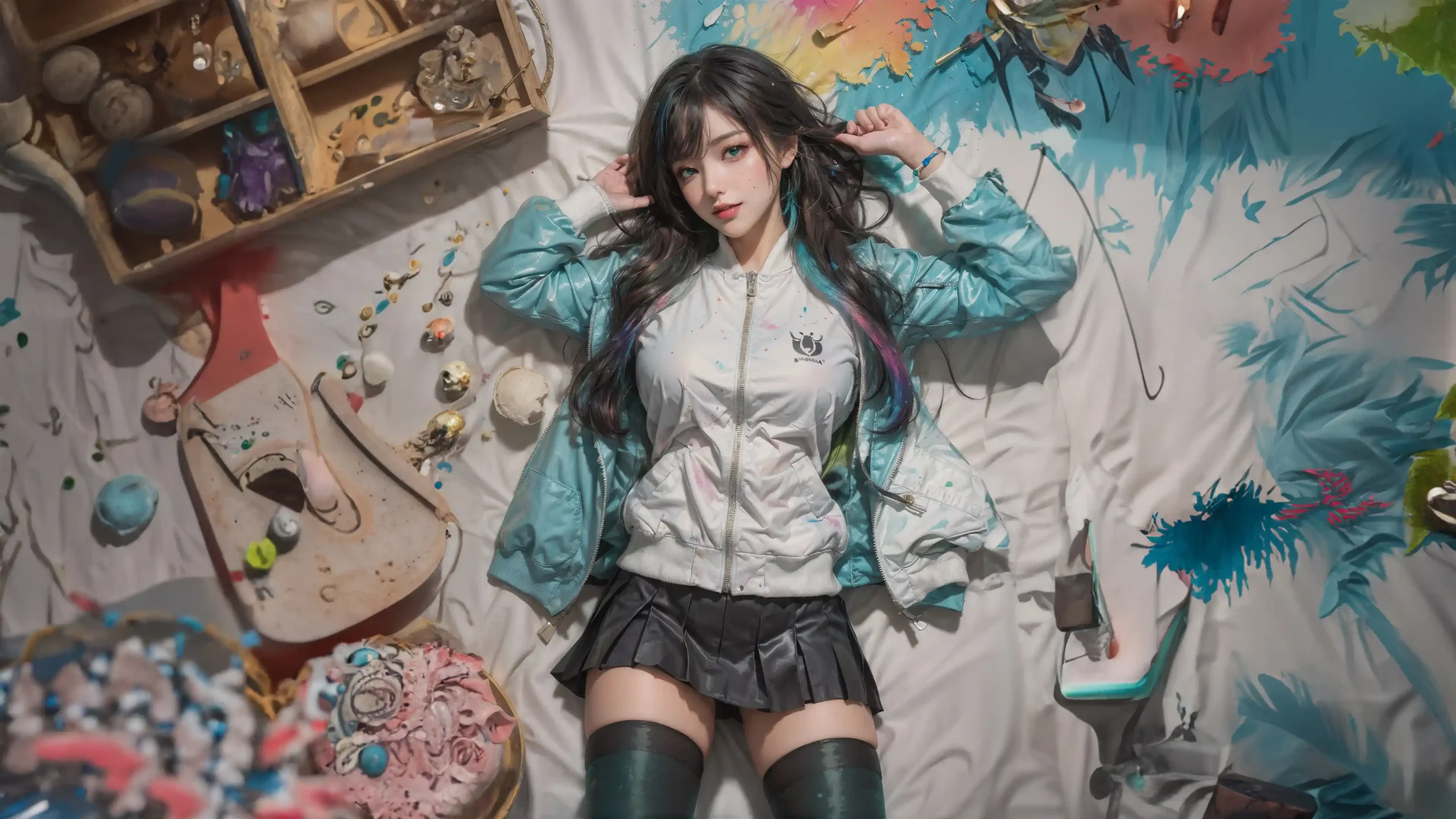长发少女 渐变挑染头发 浅蓝色外套 百褶短裙 过膝黑丝 画室场景 俯拍视角 颜料画笔 电脑静态壁纸-4K 高清免费壁纸｜电脑手机动态静态动漫游戏风景壁纸下载站