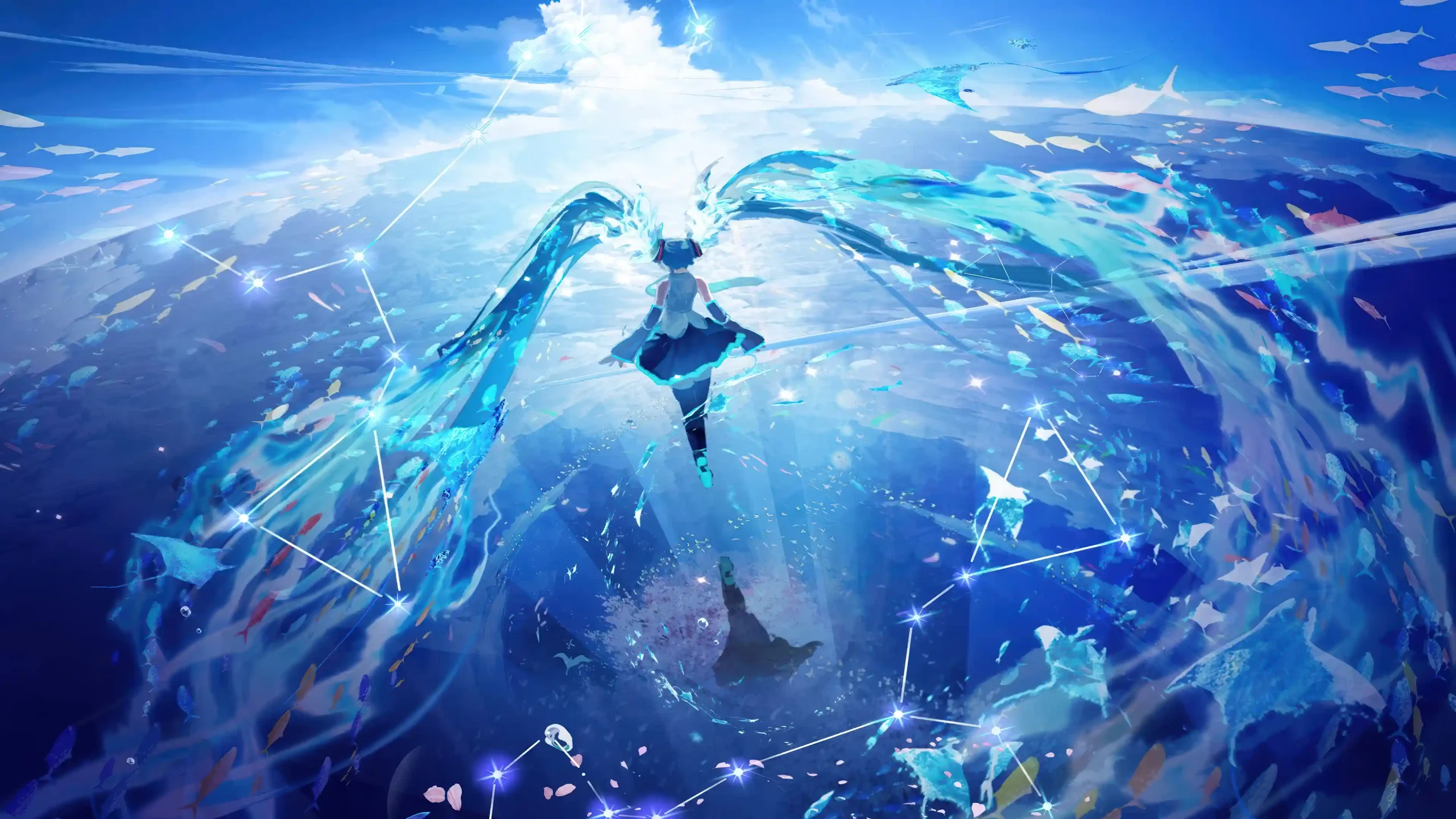 初音未来 水蓝色流体双马尾 海底星空 鱼群蝠鲼 梦幻深海 二次元 电脑静态壁纸