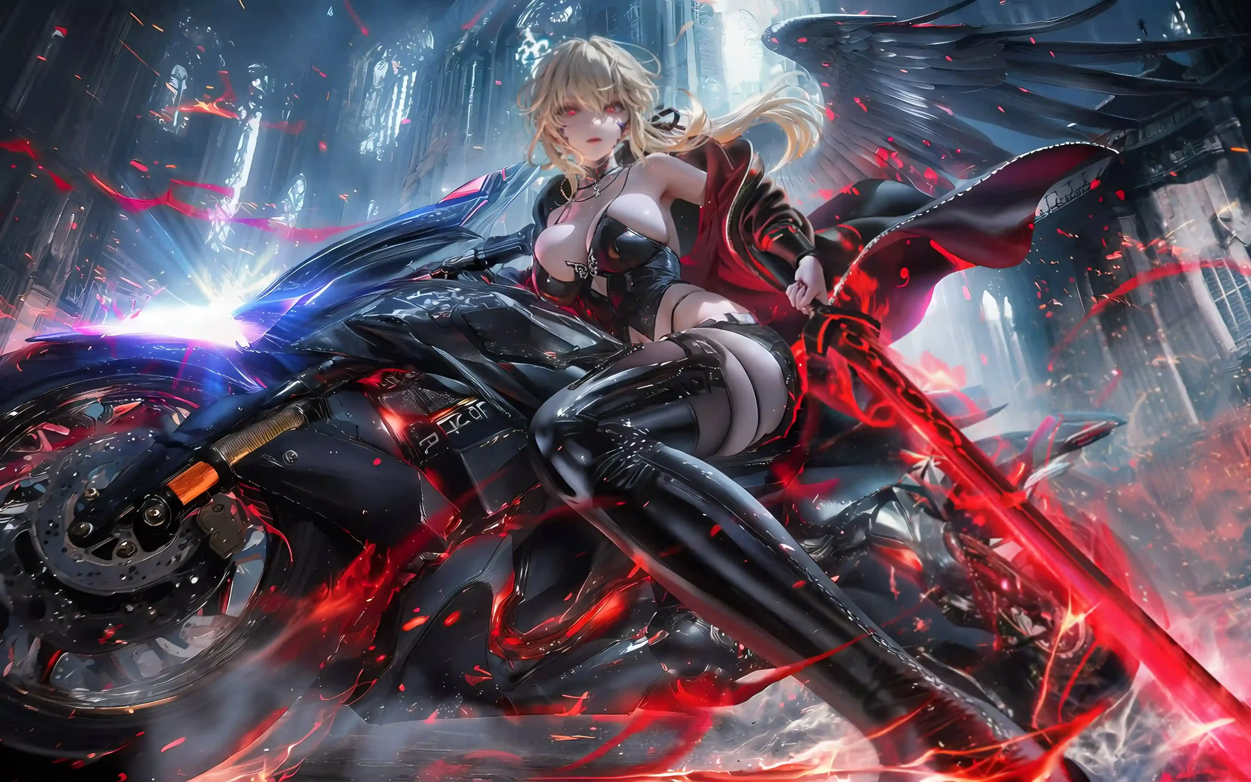 金发黑翼少女 黑色机车 赤红魔剑 紧身皮衣长筒靴 哥特古堡 红色焰光特效 二次元 电脑静态壁纸