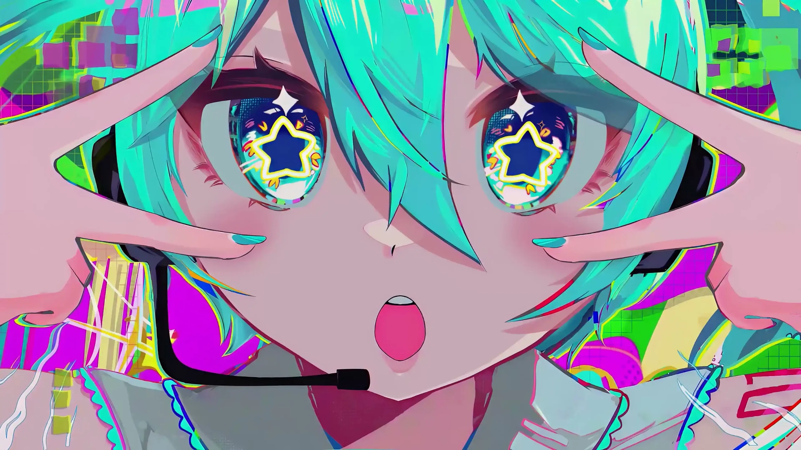 初音未来 星型眼眸 荧光撞色 赛博霓虹 甜酷二次元 电脑动态壁纸