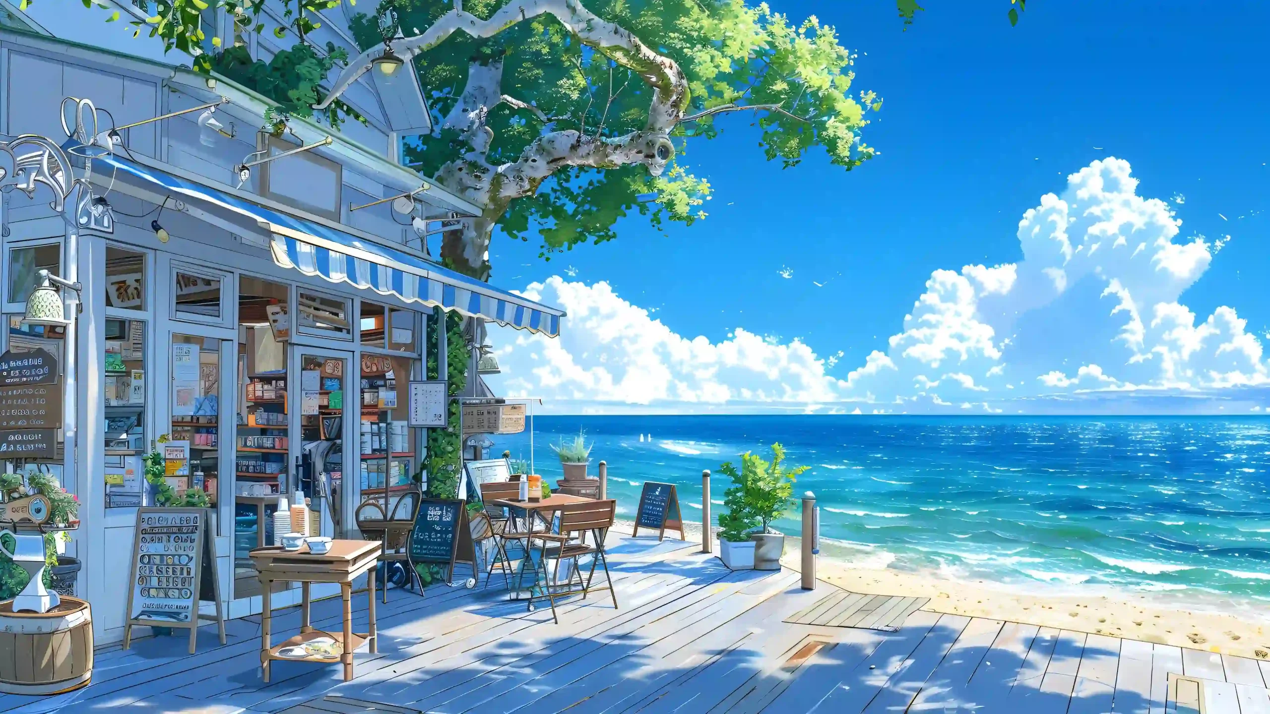 海边小店 日式动画场景 碧海蓝天 白云 沙滩 木质露台 大树 清新治愈 宫崎骏画风 电脑静态壁纸