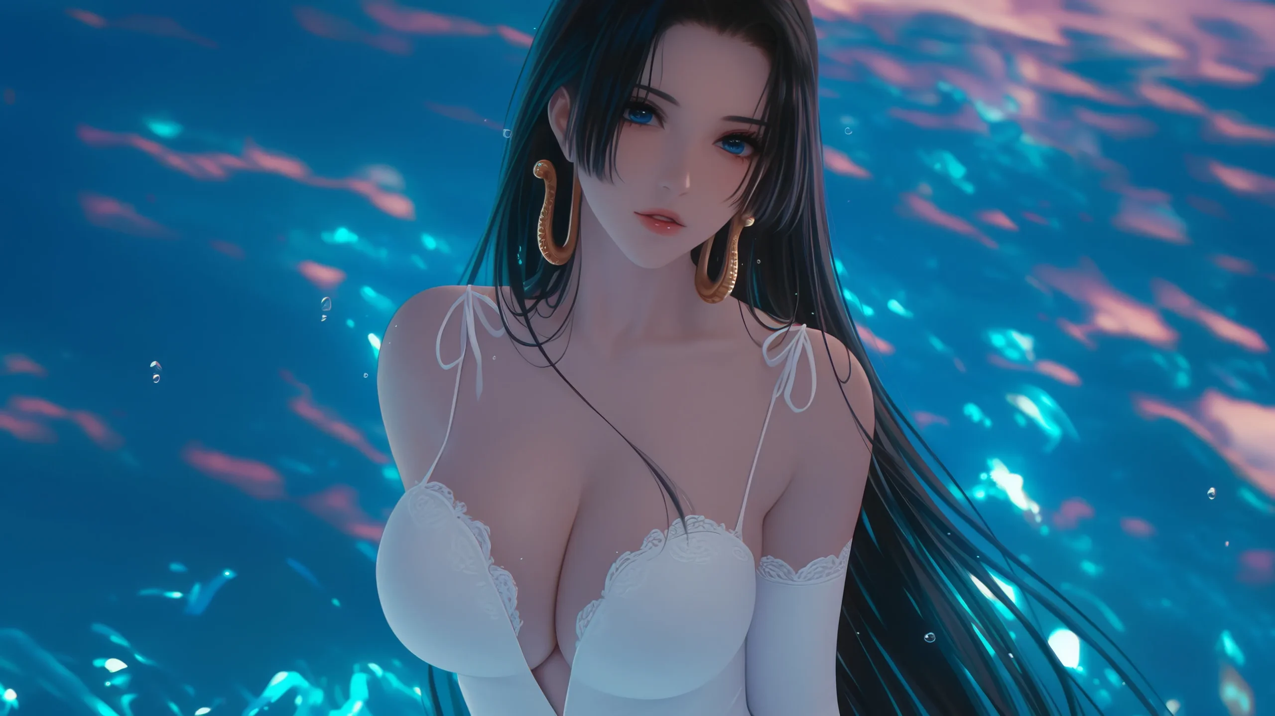 海贼王 波雅・汉库克 女帝 黑色长发 金色蛇形耳环 白色吊带裙 水下蓝色波光 气泡 电脑静态壁纸