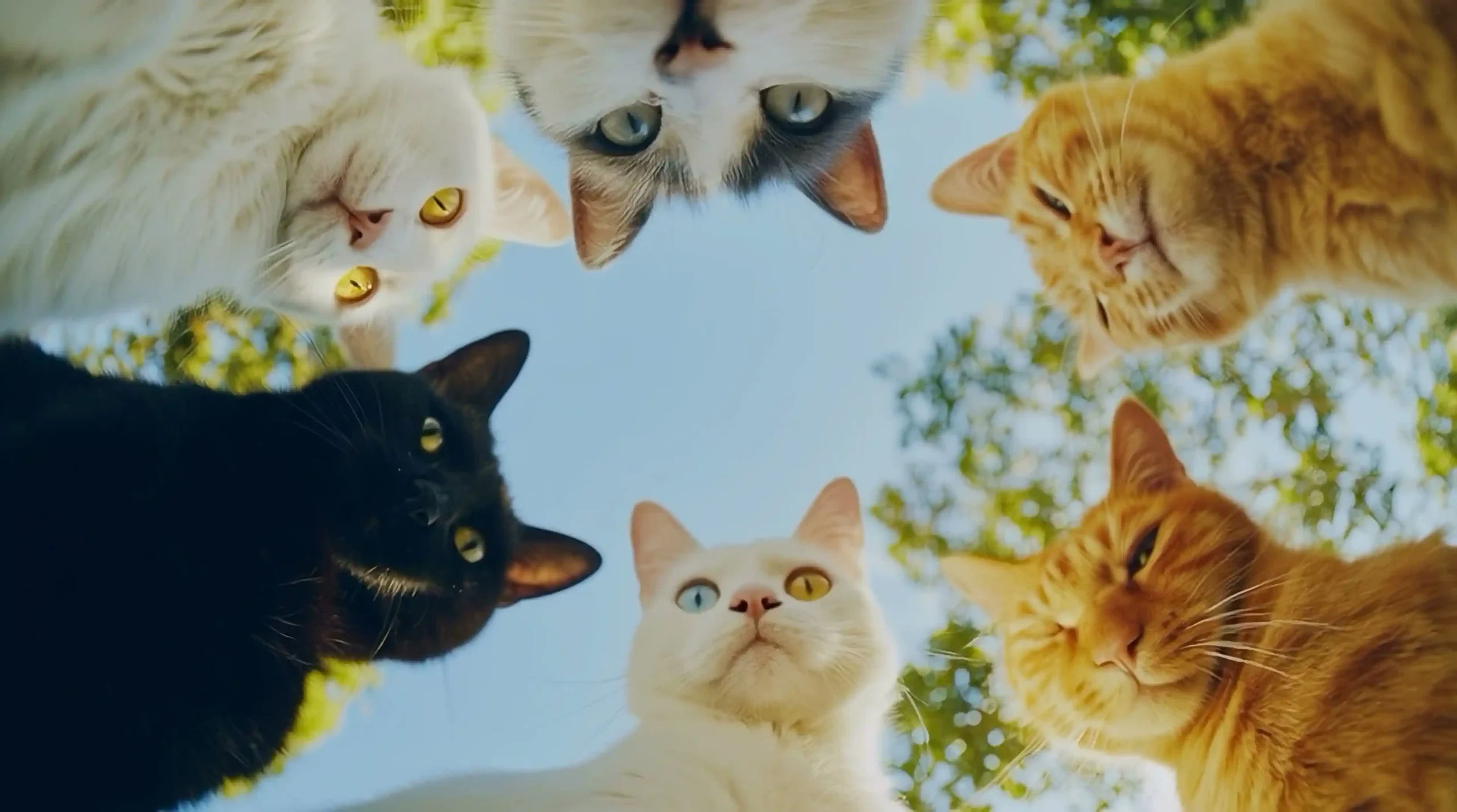 多只猫咪 低角度仰拍 异瞳白猫 黑猫 橘猫 晴朗蓝天 树叶光斑 治愈实拍 电脑动态壁纸