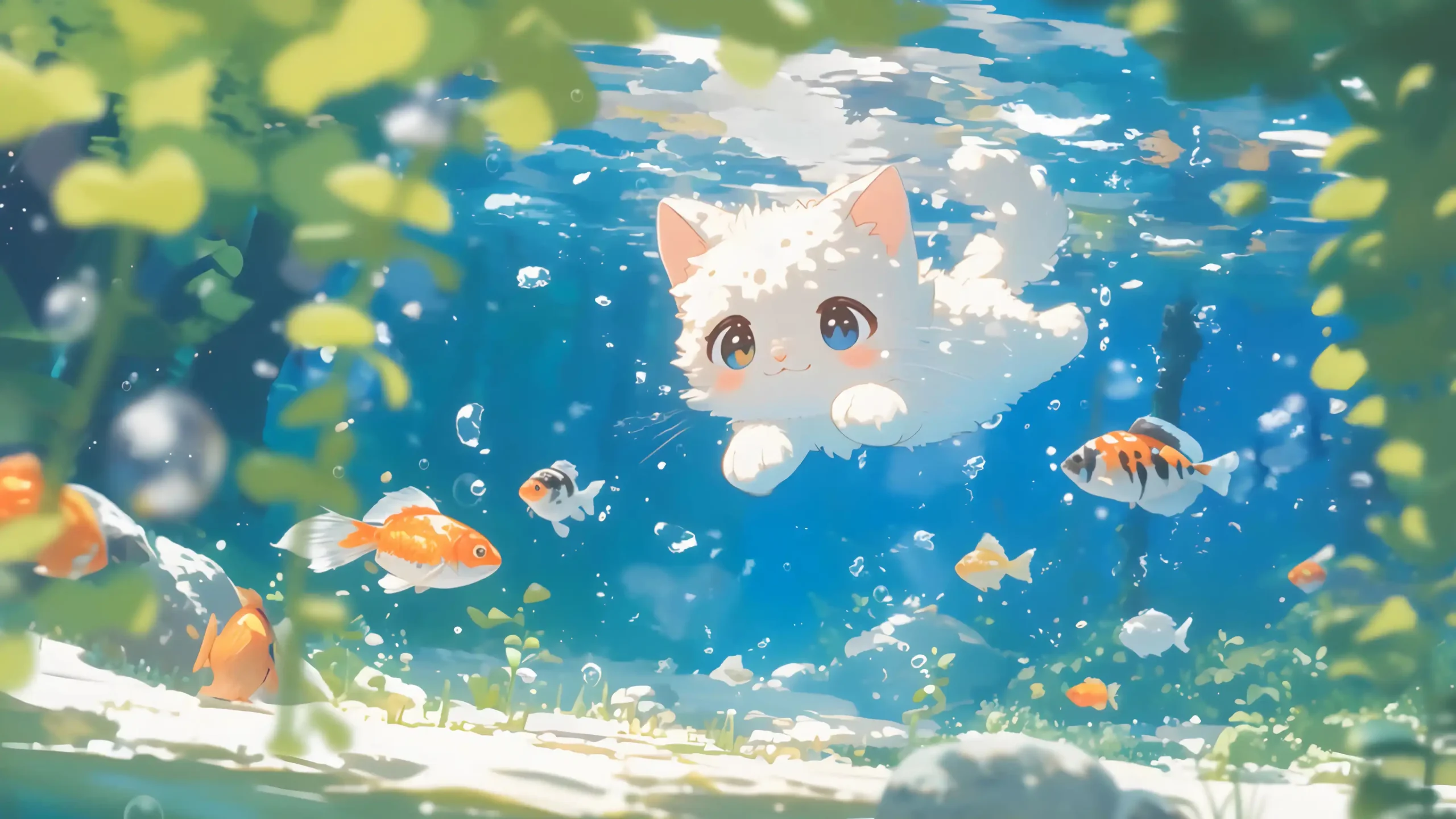 白色长毛小猫 异瞳 水下游泳 金鱼 水草 气泡 清新日系插画 治愈 电脑静态壁纸