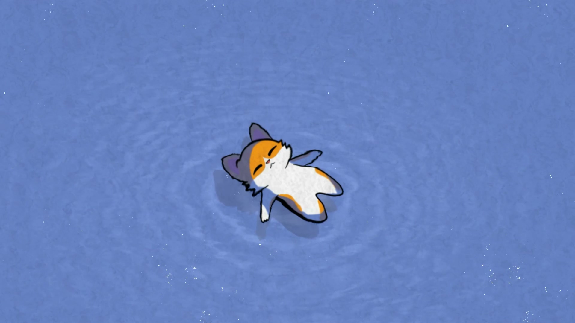 卡通三花猫 漂浮水面 闭眼放松 淡蓝色湖水 简约手绘风格 治愈插画 电脑动态壁纸-4K 高清免费壁纸｜电脑手机动态静态动漫游戏风景壁纸下载站