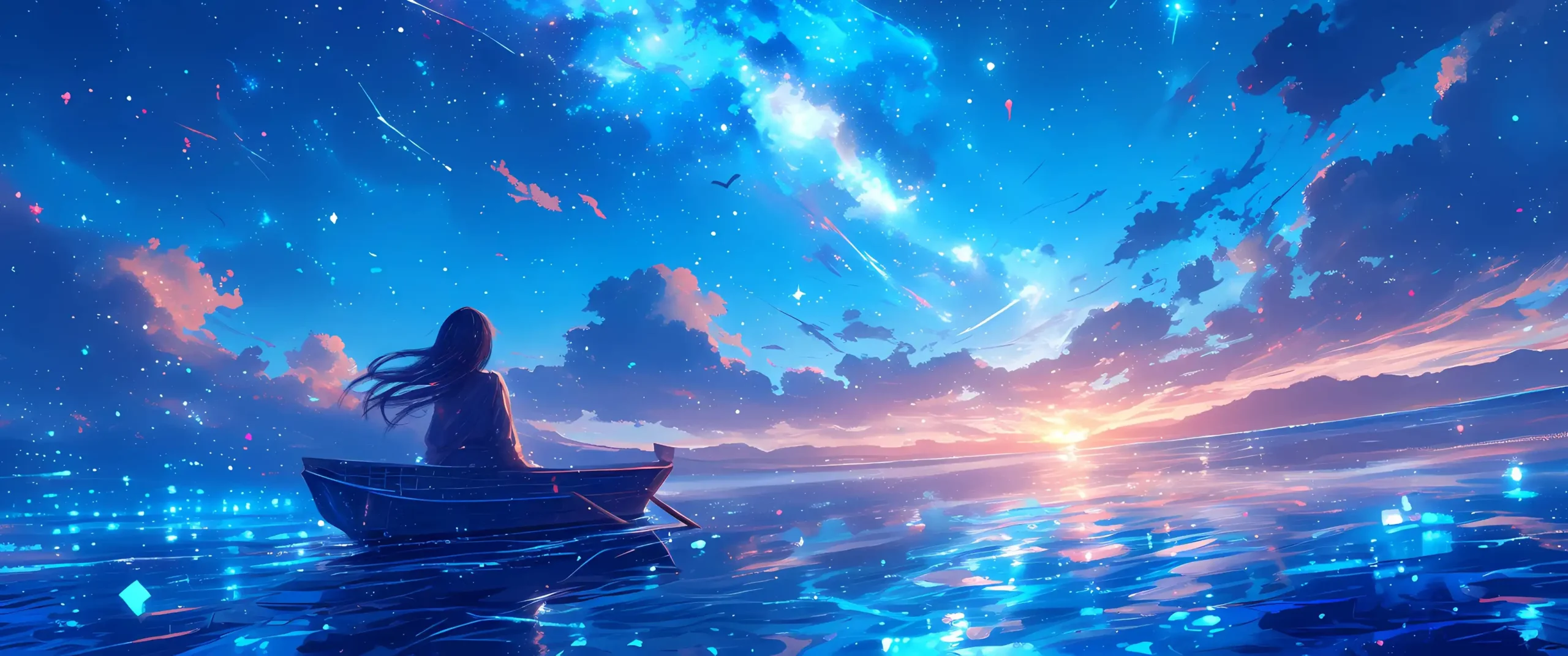 长发少女背影 小木船 海面 银河星空 流星 黄昏日出 波光海面 电脑静态壁纸