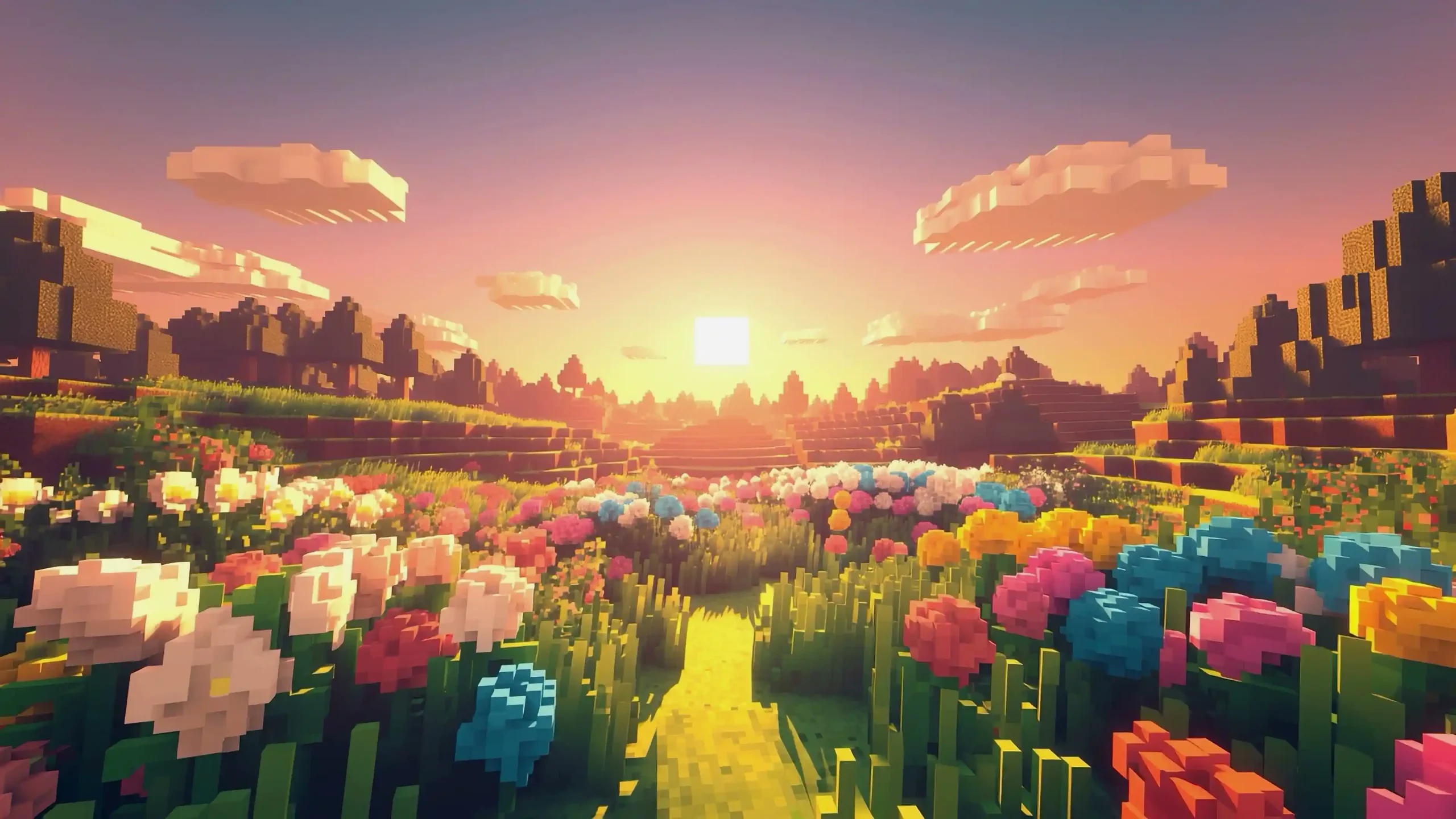 Minecraft 我的世界 方块花海 像素云朵 日落黄昏 像素风景 缤纷鲜花 金色小径 电脑动态壁纸-4K 高清免费壁纸｜电脑手机动态静态动漫游戏风景壁纸下载站