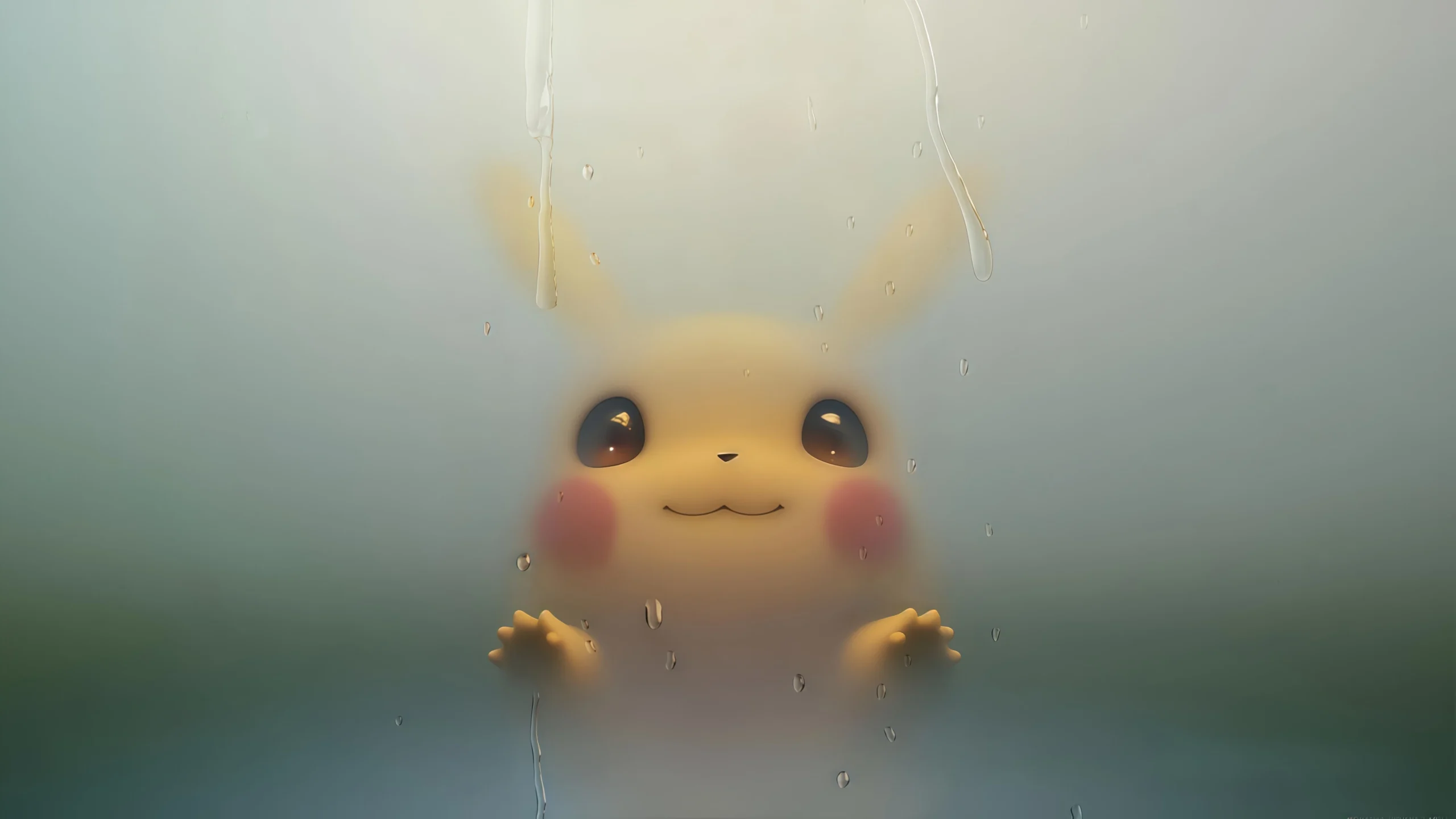 皮卡丘 玻璃窗 雨滴 朦胧 柔和光影 宝可梦 治愈 淡青色调 电脑静态壁纸