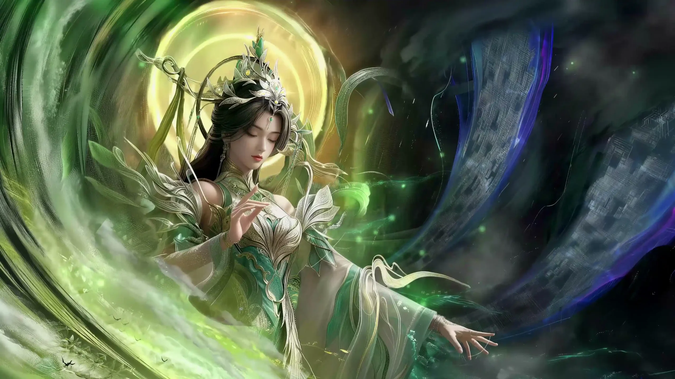 柳神 完美世界 古风神女 绿金服饰 金色光环 绿色灵力 玄幻 粒子光效 电脑动态壁纸